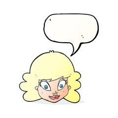 cartoon happy female face with speech bubble