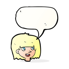 cartoon happy female face with speech bubble