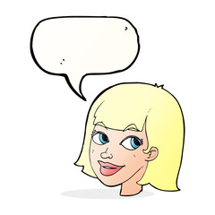 cartoon happy female face with speech bubble