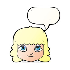 cartoon happy female face with speech bubble