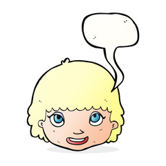 cartoon happy female face with speech bubble