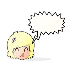 cartoon happy female face with speech bubble