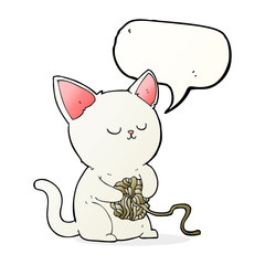 cartoon cat playing with ball of yarn with speech bubble