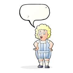 cartoon woman in kitchen apron with speech bubble