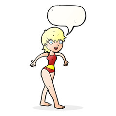 cartoon happy woman in swimming costume with speech bubble