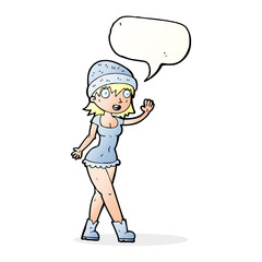 cartoon pretty girl in hat waving with speech bubble