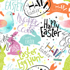 Easter pattern with lettering, bunnies and bird