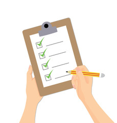 Vector of Hand holding clipboard with checklist and pencil