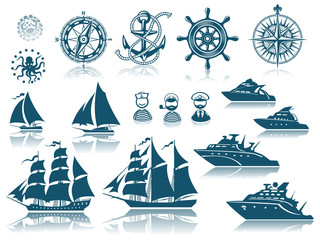 Compass and Sailing ships icon set - obrazy, fototapety, plakaty
