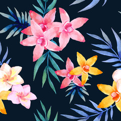 Watercolor seamless pattern of exotic flowers.