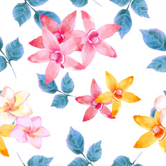 Fototapeta na wymiar Watercolor seamless pattern of exotic flowers.