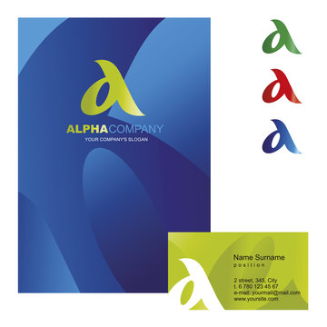 Шаблон фирменного знака A-компании. Корпоративный стиль для компании на букву альфа: логотип, визитная карточка, визитка, обложка буклета или фирменная папка

