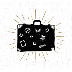 Hand drawn vintage icon with suitcase vector illustration.