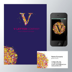 Шаблон фирменного знака V-компании. Корпоративный стиль для компании на букву V: логотип, визитная карточка, визитка, обложка буклета или фирменная папка, веб-иконка для мобильного приложения.