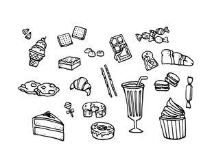 Vector set of Hand drawn sketch doodles of desserts draw concept 