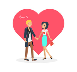 Happy Valentine Day Couple. Man Give Flower Woman