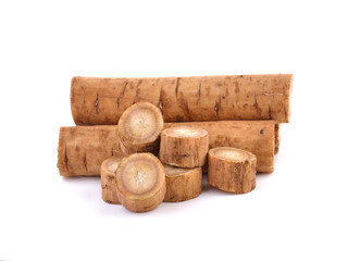 Fresh Burdock roots on white background