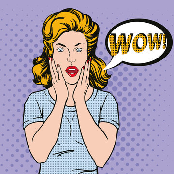 The woman is surprised. Wow speech buble. Vector illustration