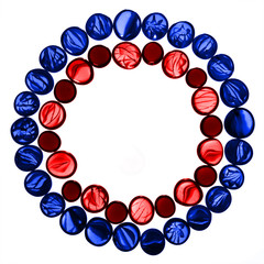 Circle pattern of colorful transparent glass marbles isolated on white