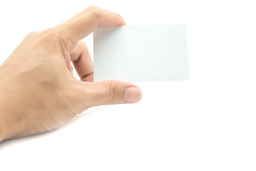 Business card hold in hand on white background 