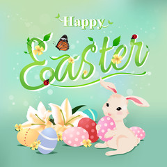 Happy Easter typographical background with bunny rabbit.