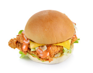 hamburger with chicken and cheese on white backgroud
