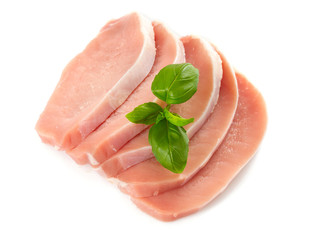 raw pork pieces isolated on white background