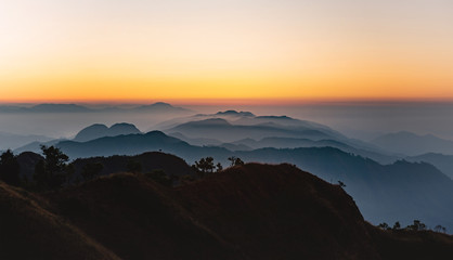 View of  sunset over mountain range, mountain gap, mountain layer