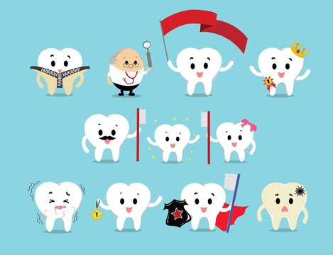 Vector set of different Cute healthy white teeth character for Health care