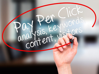 Man Hand writing Pay Per Click analysis, keywords, content, visi