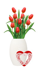 Bouquet of red tulips in white vase and heart isolated on white