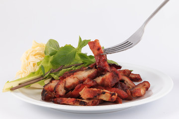 Charcoal boiled pork neck, Grilled Pork Neck, Roasted pork with Thai Spicy on White Background.