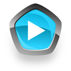 play blue metallic chrome web pentagon glossy icon