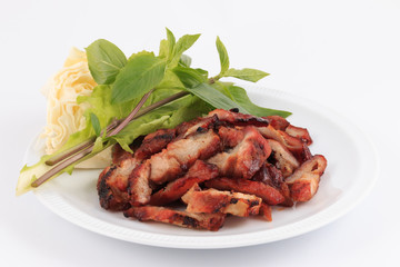 Charcoal boiled pork neck, Grilled Pork Neck, Roasted pork with Thai Spicy on White Background.