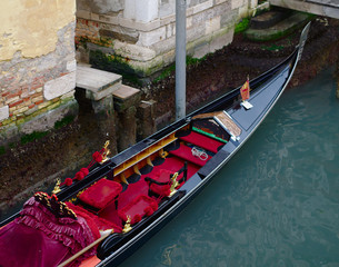 02-06-2016, Venice, Italy - A venetian gondola from above with a detail of its beautiful interiors