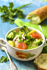 Summer soup with chicken and vegetables.