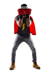 Superhero with boxing gloves covering his face