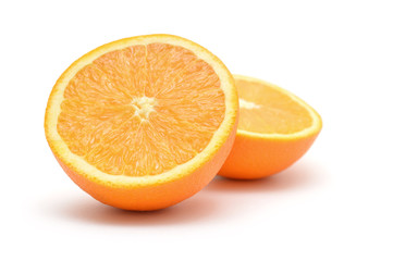 Orange cut in half on white background