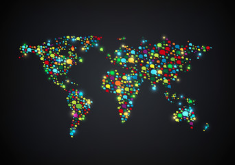 World map shape with colored many bubbles speech