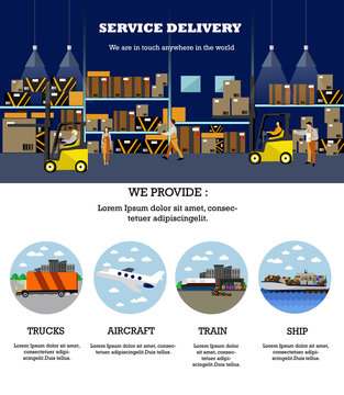 Logistic and delivery service concept banner. Warehouse interior poster. Vector illustration in flat style design