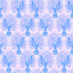 Seamless pattern with stylize drawing of tulips in a pot.