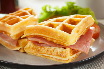 waffles ham cheese sandwich in plate