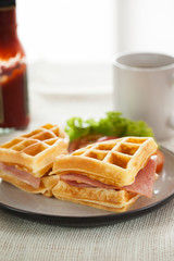 waffes ham cheese sandwich in plate