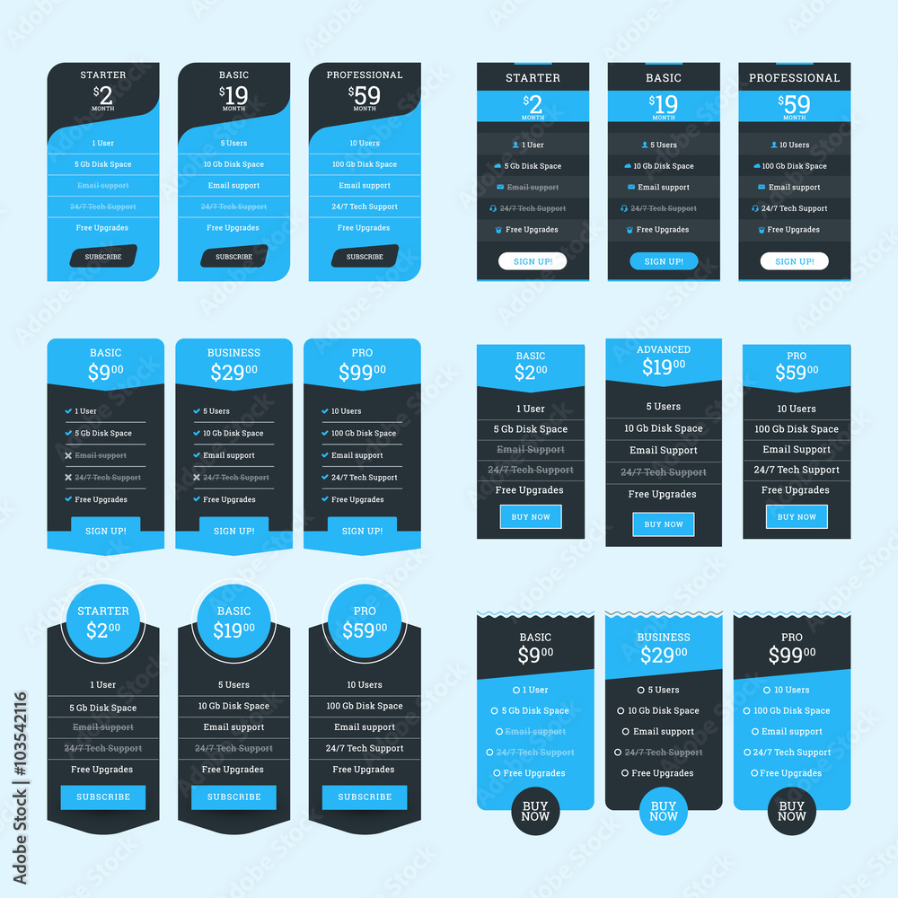 Wall mural set of pricing table design templates for websites and applications. flat style vector illustration