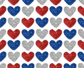 Background with hearts of red, blue and silver glitter, seamless pattern