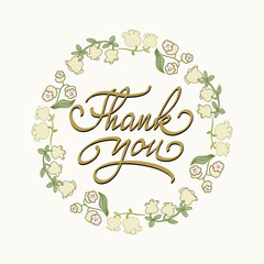 Card template with hand drawn flower border and hand written Thank You text. Vector illustration.