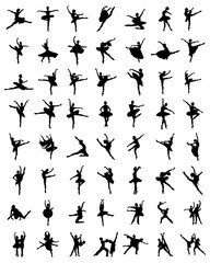 Black silhouettes of ballerinas, vector - obrazy, fototapety, plakaty
