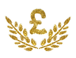 British Pound sign and twigs with leaves of golden glitter sparkle on white background. Concept of prosperity