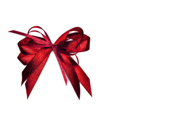 Red satin gift bow. Ribbon. Isolated on white