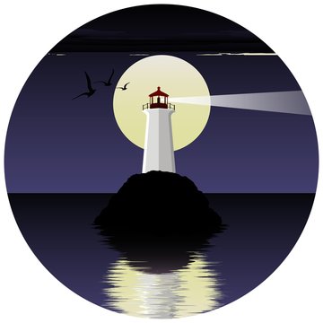 vector illustration of lighthouse on the sea. lighthouse at night. lighthouse on the background of the moon and birds.
